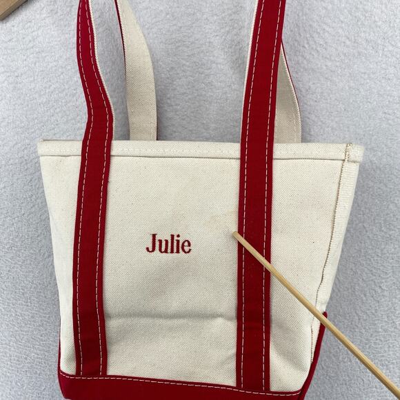 Vintage LL BEAN BOAT and TOTE Bag 10x13 "JULIE" Canvas Open Top Ivory Red USA - Picture 14 of 15